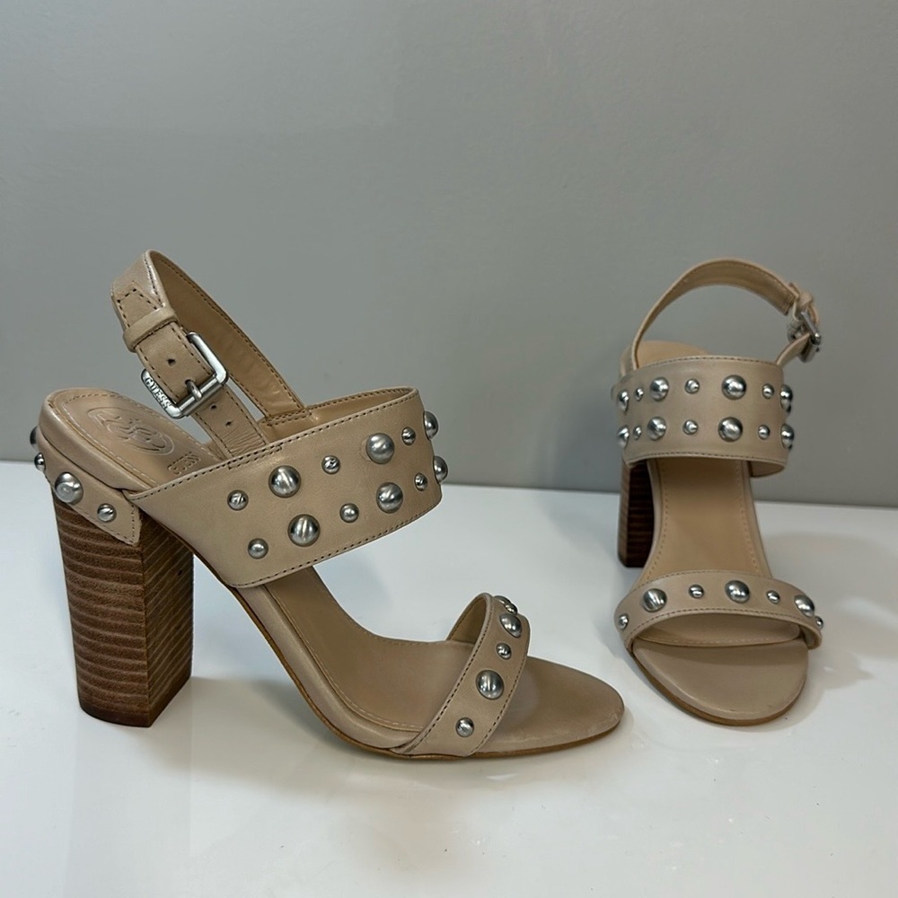 Guess Cheree Tan Leather Studded Heeled Sandals Size 7